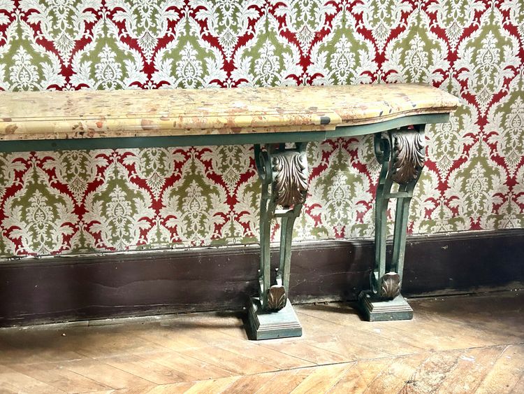 Consolle in ferro battuto stile Luigi XV molto grande, fine XIX secolo, L 260 cm 