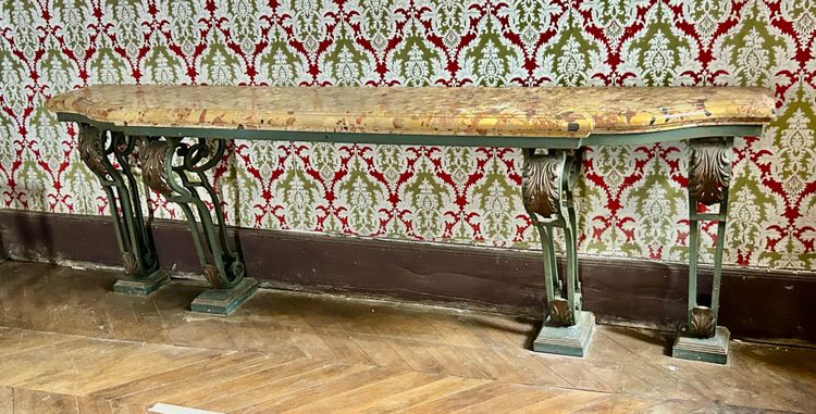 Consolle in ferro battuto stile Luigi XV molto grande, fine XIX secolo, L 260 cm 