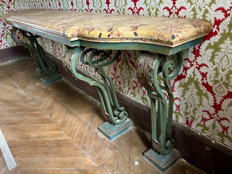 Consolle in ferro battuto stile Luigi XV molto grande, fine XIX secolo, L 260 cm 