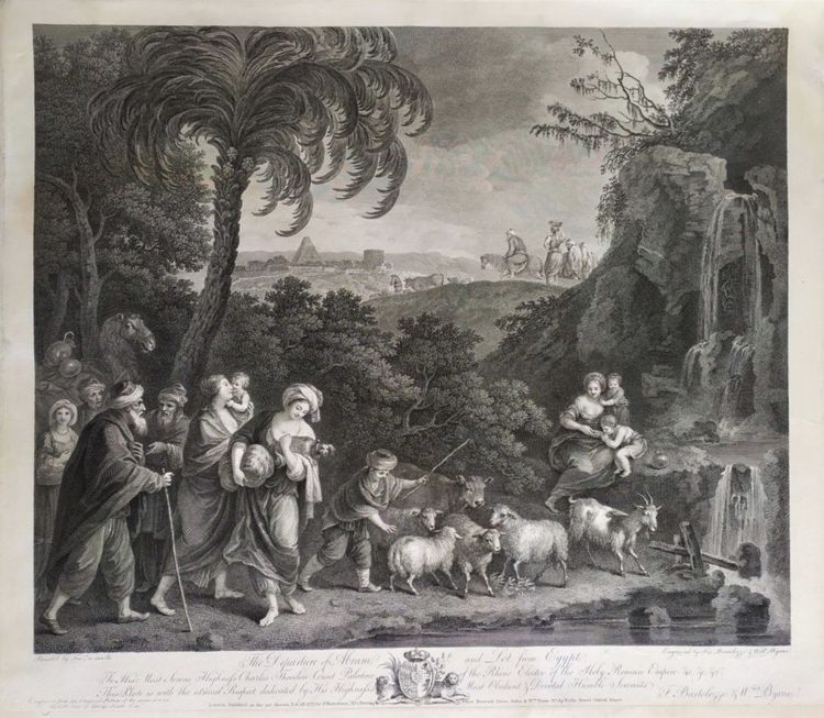 Der Auszug Abrahams und Lots aus Ägypten, biblische Szene nach Zuccarelli, 18. Jahrhundert, Gravur 
