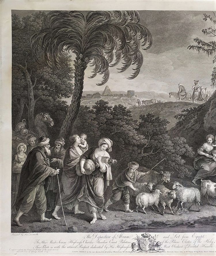 Der Auszug Abrahams und Lots aus Ägypten, biblische Szene nach Zuccarelli, 18. Jahrhundert, Gravur 
