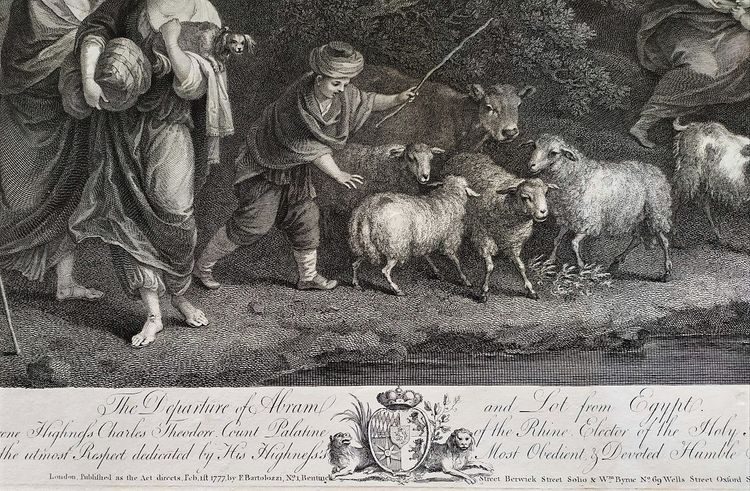 Der Auszug Abrahams und Lots aus Ägypten, biblische Szene nach Zuccarelli, 18. Jahrhundert, Gravur 