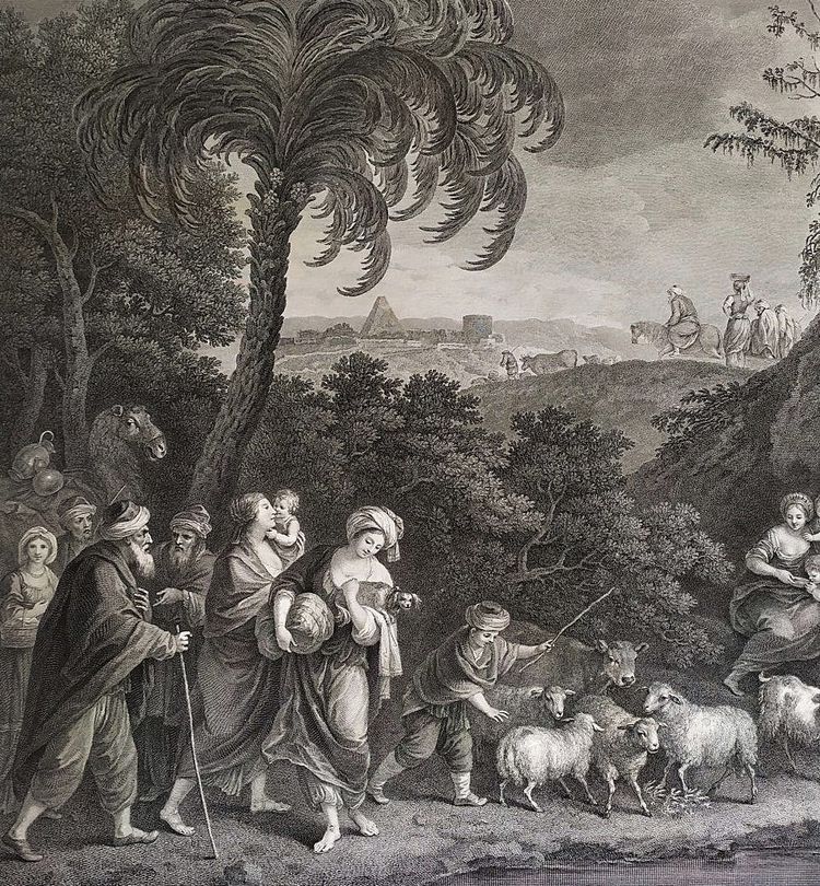 Der Auszug Abrahams und Lots aus Ägypten, biblische Szene nach Zuccarelli, 18. Jahrhundert, Gravur 
