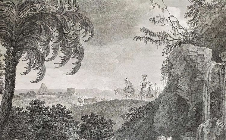 Der Auszug Abrahams und Lots aus Ägypten, biblische Szene nach Zuccarelli, 18. Jahrhundert, Gravur 