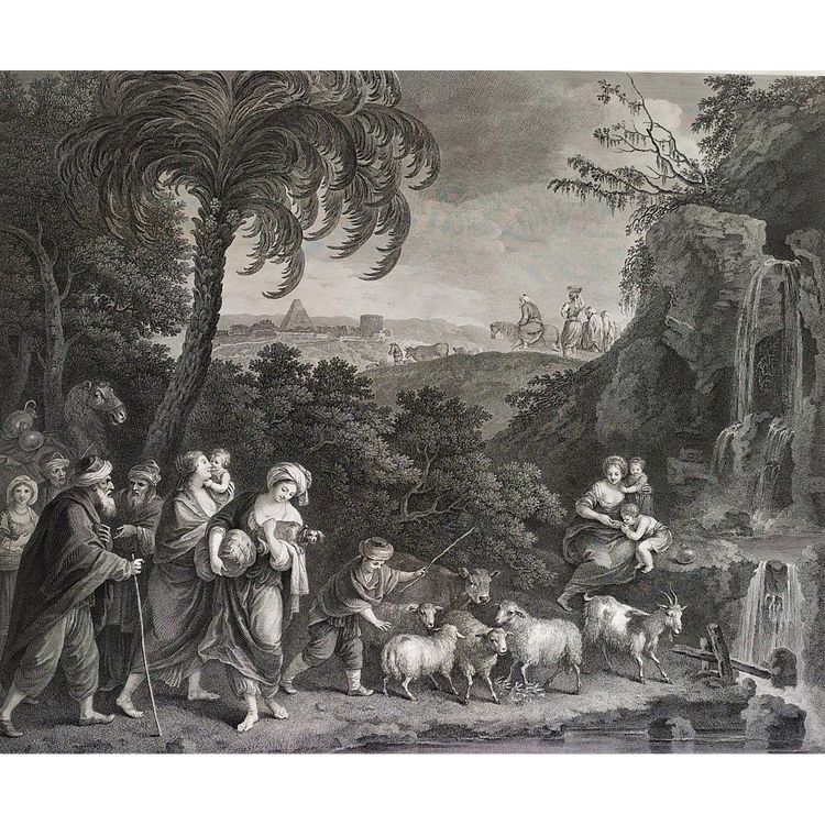 Der Auszug Abrahams und Lots aus Ägypten, biblische Szene nach Zuccarelli, 18. Jahrhundert, Gravur 