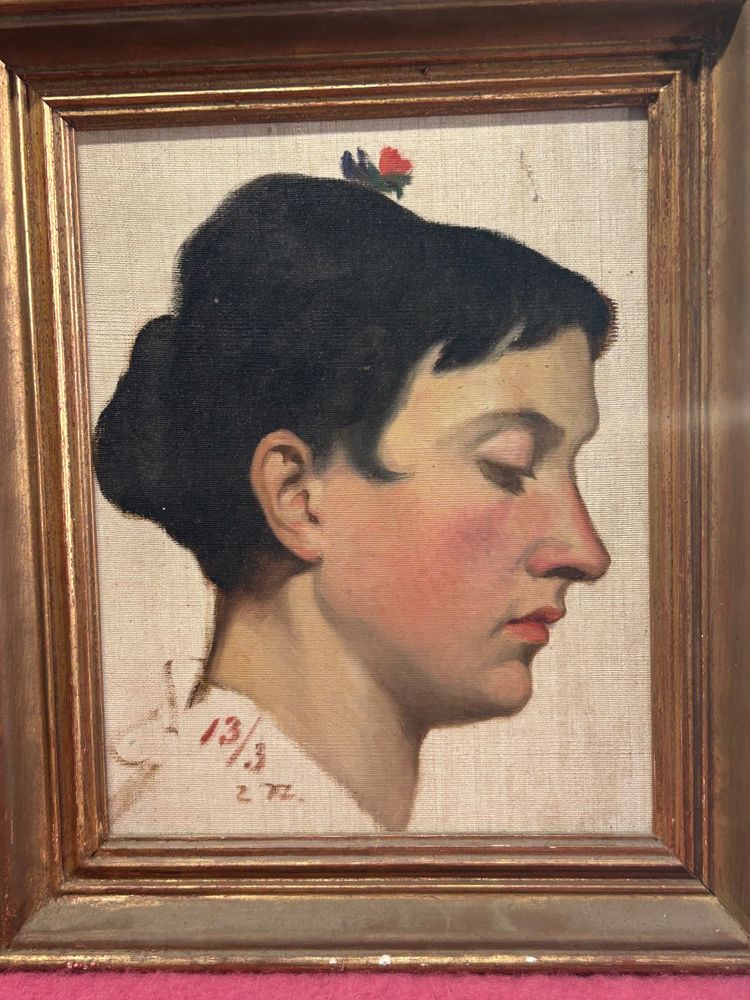 Portrait of a Woman in Profile Oil on Canvas Mounted on Wood Panel dated 1913