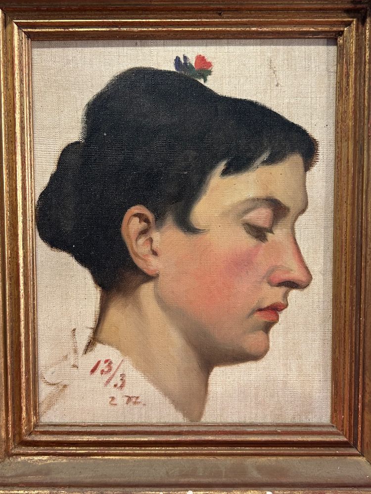 Portrait of a Woman in Profile Oil on Canvas Mounted on Wood Panel dated 1913
