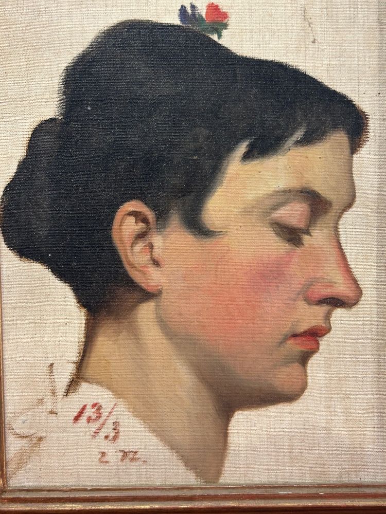 Portrait of a Woman in Profile Oil on Canvas Mounted on Wood Panel dated 1913