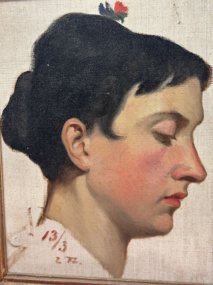 Portrait of a Woman in Profile Oil on Canvas Mounted on Wood Panel dated 1913