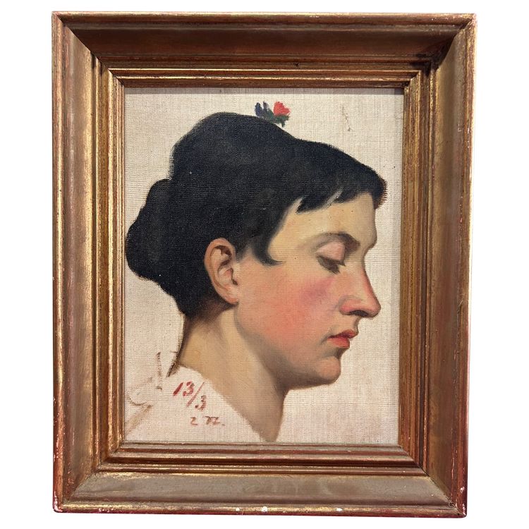 Portrait of a Woman in Profile Oil on Canvas Mounted on Wood Panel dated 1913