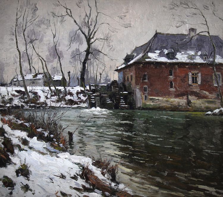 „Le Rouge Cloitre sous la neige“ Ölgemälde auf Leinwand von Louis Clesse, 20. Jh. Um 1920