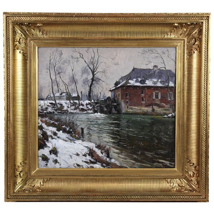 „Le Rouge Cloitre sous la neige“ Ölgemälde auf Leinwand von Louis Clesse, 20. Jh. Um 1920