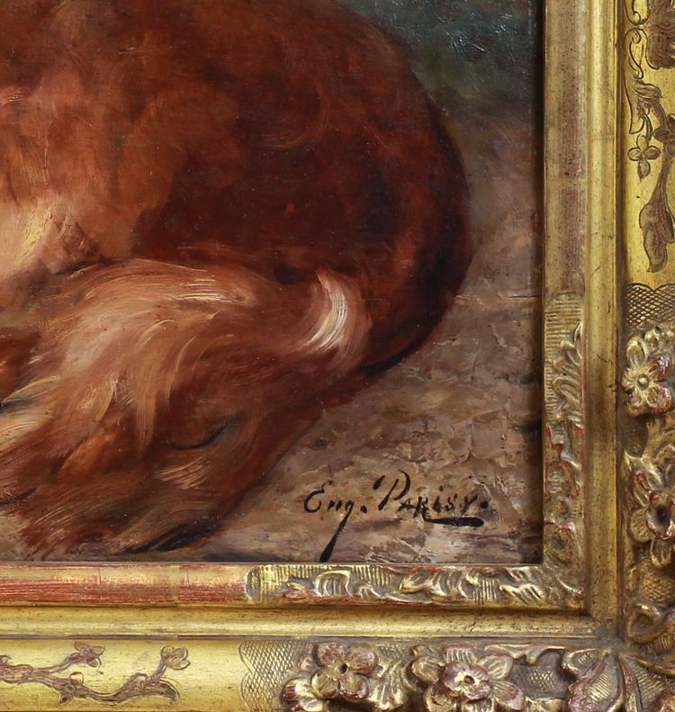 Eugène Ferdinand PARISY Ritratto di cane setter irlandese, dipinto a olio francese su tavola del XIX secolo