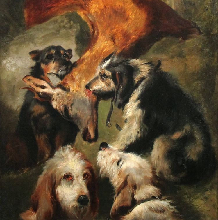 Peinture à l'huile sur toile du XIXe siècle, scène de chasse avec chiens et cerfs