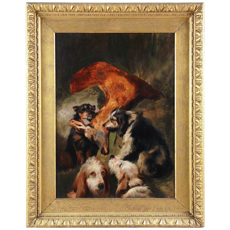Peinture à l'huile sur toile du XIXe siècle, scène de chasse avec chiens et cerfs