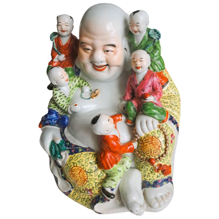 Statue d'art d'Asie représente un bouddha rieur avec 5 enfants en porcelaine 