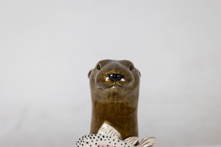 Valerie Courtet. Lontra che tiene in mano un pesce. Contemporaneo. Codice articolo: LS6420551A