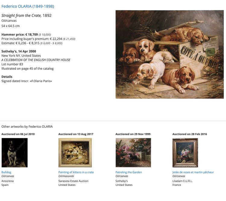 Due cani da caccia in un canile, dipinto ad olio su tela del XIX secolo di Federico OLARIA