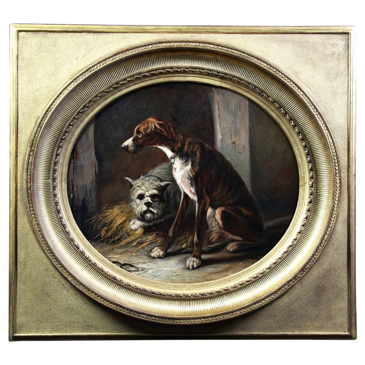 Due cani da caccia in un canile, dipinto ad olio su tela del XIX secolo di Federico OLARIA