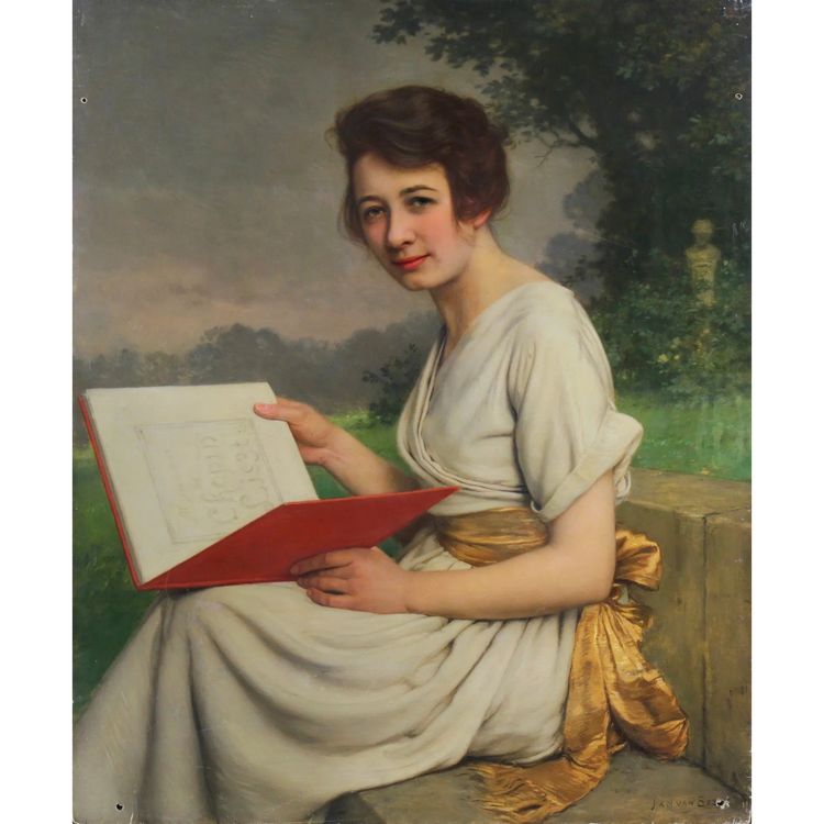 Portrait d'une femme dans un jardin, peinture à l'huile sur panneau par Jan Van Beers 1900