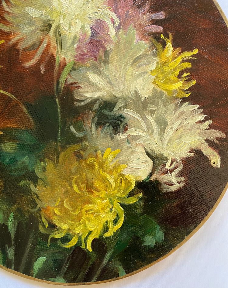Chrysanthemums”. Oil on canvas, early 20th century, mounted on cardboard. Delphin Enjolras workshop.