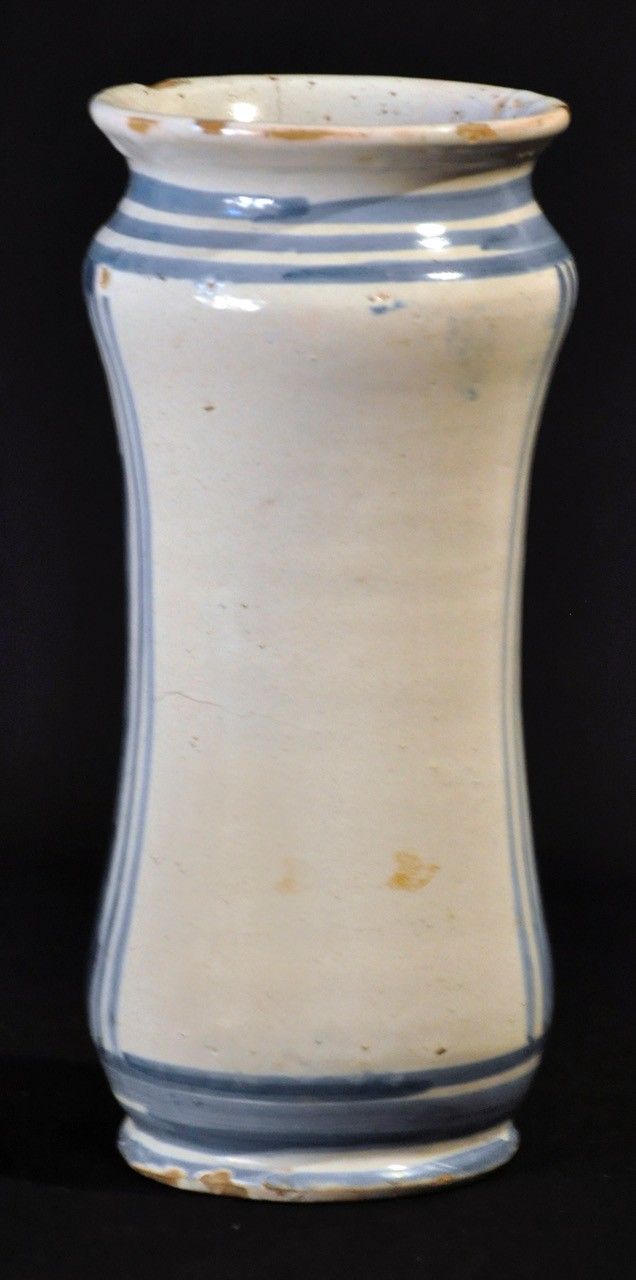 Albarelo in earthenware decorated in blue monochrome with a cherub motif, late 17th century