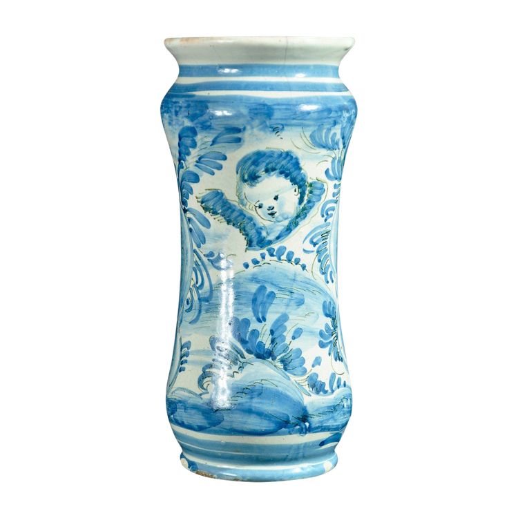 Albarelo in earthenware decorated in blue monochrome with a cherub motif, late 17th century