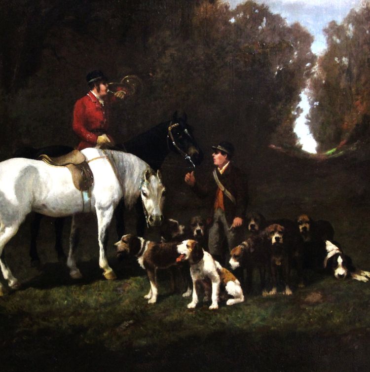 Dipinto ad olio su tela, scena di caccia con cani e cavallo, cerchia di Alfred De Dreux, XIX secolo