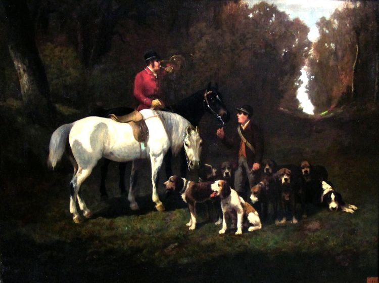 Dipinto ad olio su tela, scena di caccia con cani e cavallo, cerchia di Alfred De Dreux, XIX secolo