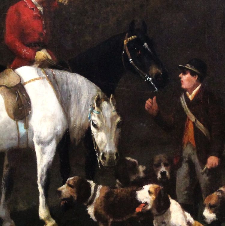 Dipinto ad olio su tela, scena di caccia con cani e cavallo, cerchia di Alfred De Dreux, XIX secolo
