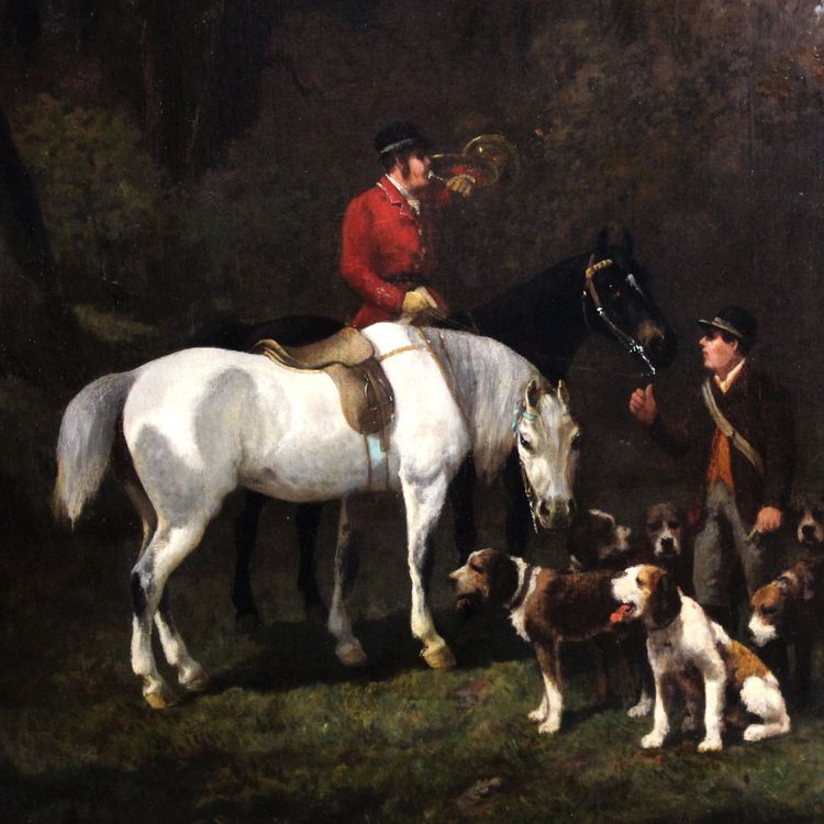 Dipinto ad olio su tela, scena di caccia con cani e cavallo, cerchia di Alfred De Dreux, XIX secolo