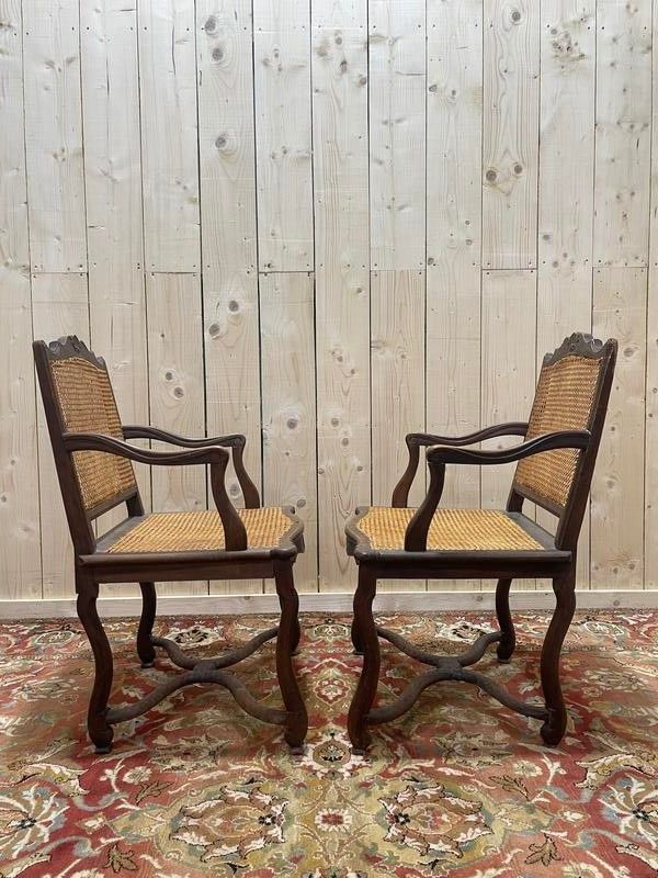 Pair of Louis XIII style armchairs sheep bone in cannia.