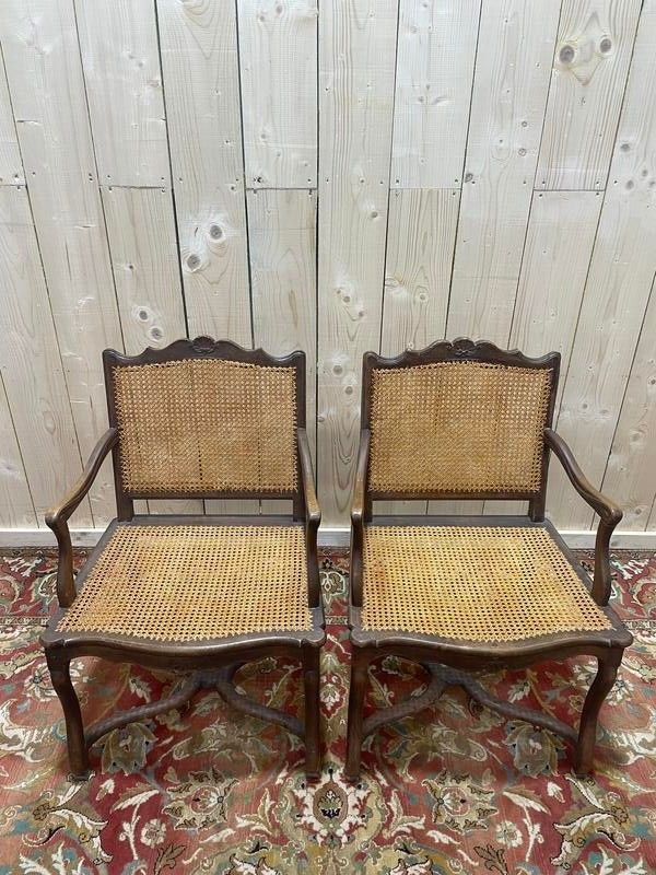 Pair of Louis XIII style armchairs sheep bone in cannia.