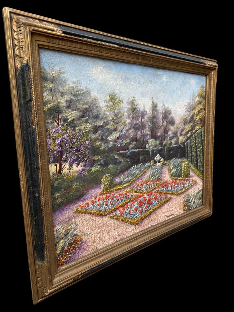 Huile sur toile ancienne, jardin à la française fleuri ,paysage XXème siècle signé 