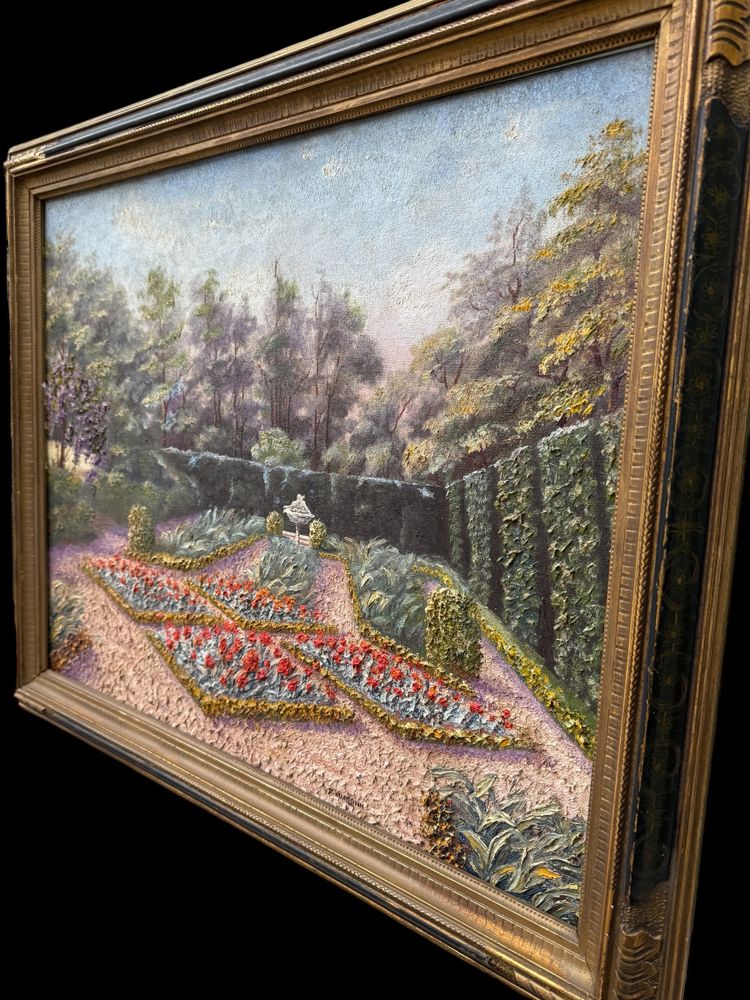 Huile sur toile ancienne, jardin à la française fleuri ,paysage XXème siècle signé 