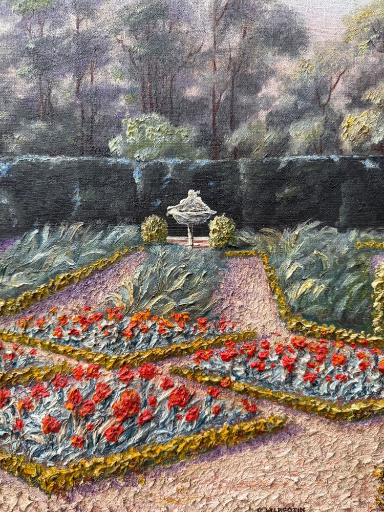 Huile sur toile ancienne, jardin à la française fleuri ,paysage XXème siècle signé 