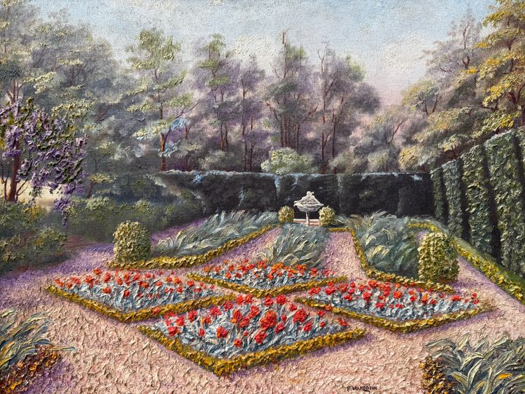Huile sur toile ancienne, jardin à la française fleuri ,paysage XXème siècle signé 