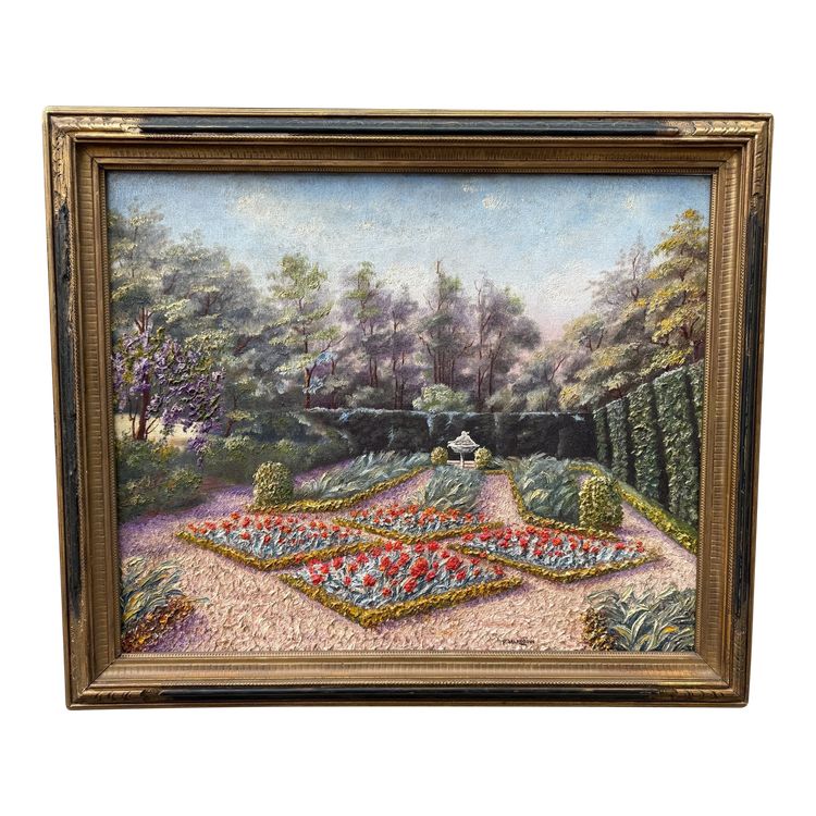 Huile sur toile ancienne, jardin à la française fleuri ,paysage XXème siècle signé 