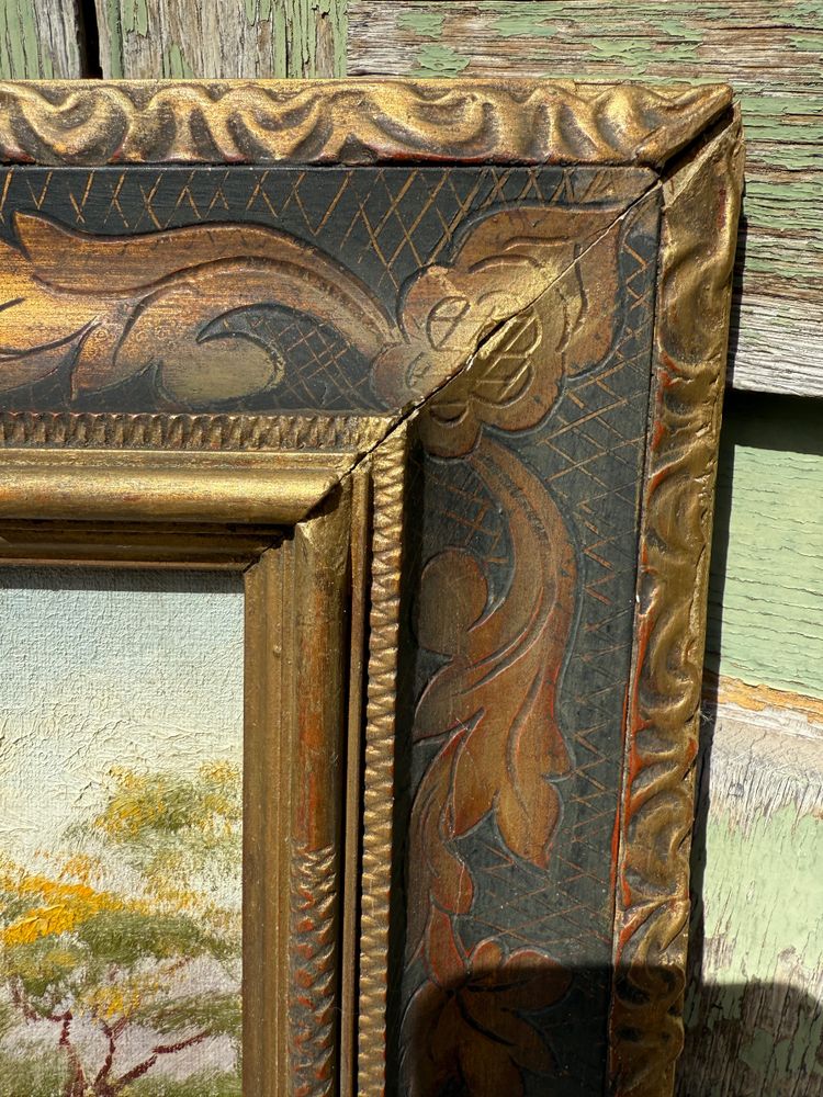 Tableau ancien, vue d'un un jardin très fleuri, roseraie, début XXème 