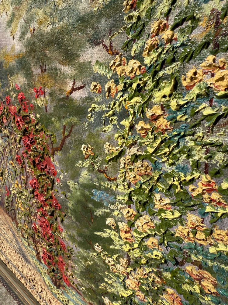 Tableau ancien, vue d'un un jardin très fleuri, roseraie, début XXème 