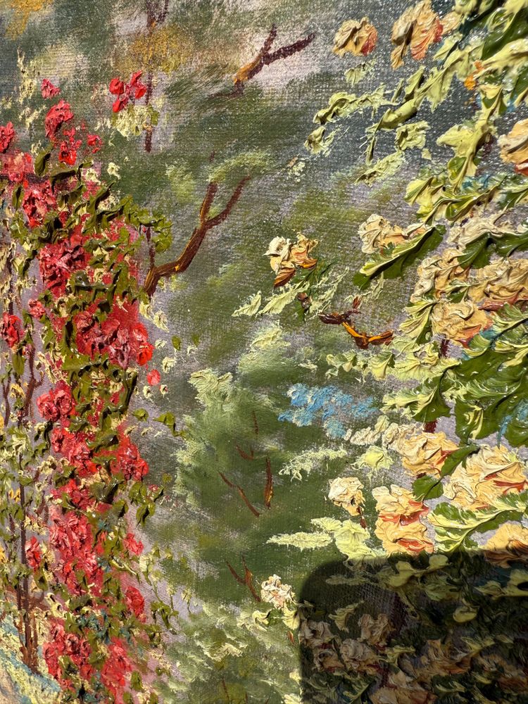 Tableau ancien, vue d'un un jardin très fleuri, roseraie, début XXème 