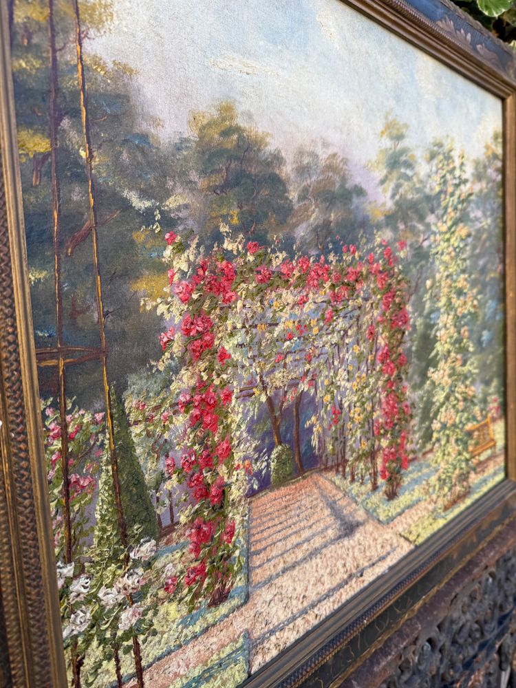 Tableau ancien, vue d'un un jardin très fleuri, roseraie, début XXème 