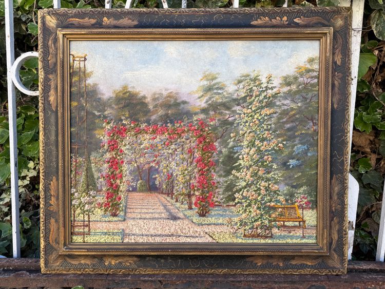 Tableau ancien, vue d'un un jardin très fleuri, roseraie, début XXème 