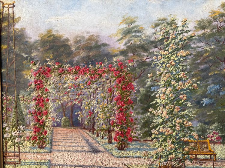 Tableau ancien, vue d'un un jardin très fleuri, roseraie, début XXème 