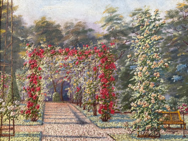 Tableau ancien, vue d'un un jardin très fleuri, roseraie, début XXème 