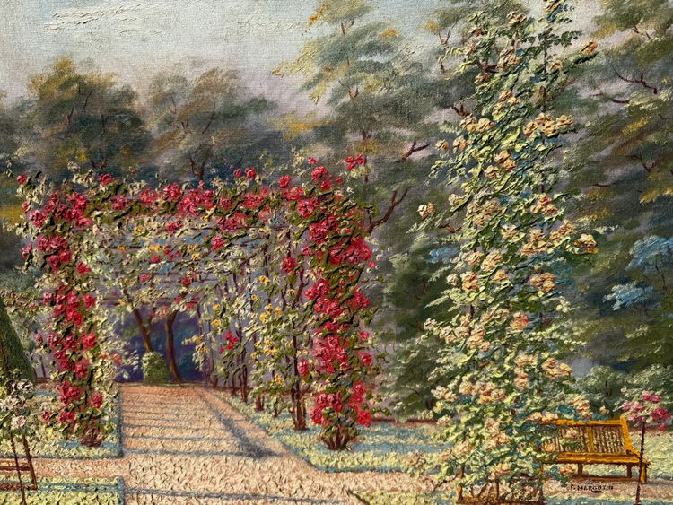 Tableau ancien, vue d'un un jardin très fleuri, roseraie, début XXème 