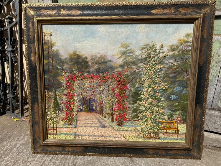 Tableau ancien, vue d'un un jardin très fleuri, roseraie, début XXème 