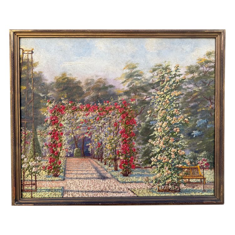 Tableau ancien, vue d'un un jardin très fleuri, roseraie, début XXème 