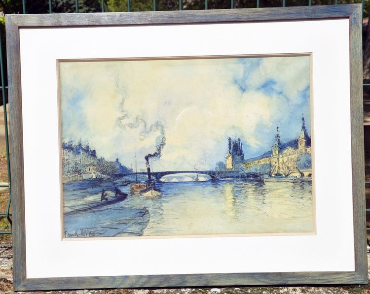 Aquarell von Frank Will, das die Ufer der Seine in Paris mit der Pont des Arts um 1940 zeigt