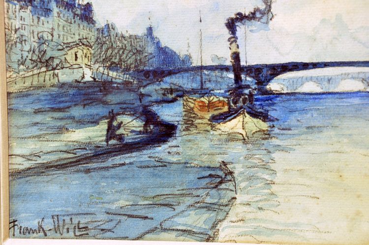 Aquarell von Frank Will, das die Ufer der Seine in Paris mit der Pont des Arts um 1940 zeigt
